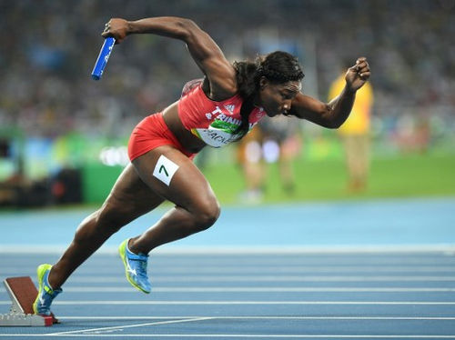 Photo: Trinidad and Tobago’s Semoy Hackette competes in the Women’s 4x100m relay final during the Rio 2016 Olympic Games in Rio de Janeiro on 19 August 2016. (Copyright AFP 2017/Johannes Eisele)