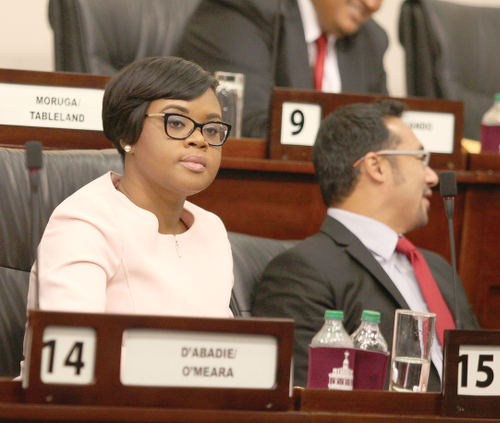 Photo: Tourism Minister Shamfa Cudjoe (left) in Parliament. (Copyright TobagoToday.co.tt)