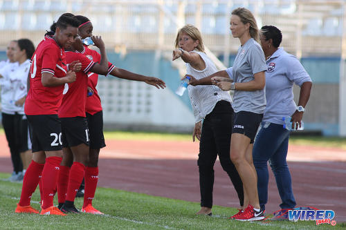 Photo: Trinidad and Tobago Women's National Senior Team coach Carolina Morace (centre) makes a point to Lauryn Hutchinson (far left) and her teammates during international friendly action against Venezuela on 26 May 2017. The two nations played to a goalless draw at the Ato Boldon Stadium in Couva. (Courtesy Chevaughn Christopher/Wired868)