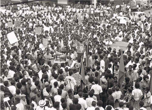 Photo: NJAC chief servant Makandal Daaga addresses the crowd in Port of Spain on 21 April 1970. (Courtesy NJAC)