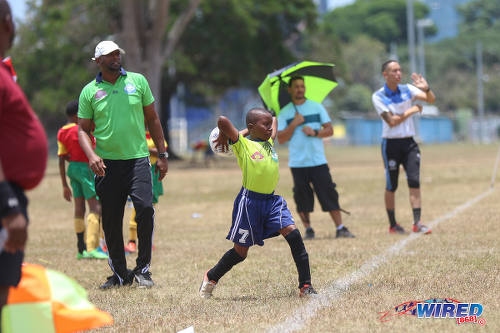 Photo: A Santa Cruz FA under-11 player takes a throw the opening day of RBNYL North Zone action at the Queen's Park Savannah on 22 April 2017. (Courtesy Sean Morrison/Wired868)