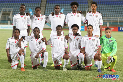 Photo: The Republic Bank Invitational XI pose before an exhibition match against the Trinidad and Tobago National Under-15 Team on 15 April 2017 at the Ato Boldon Stadium. (Courtesy Sean Morrison/Wired868)