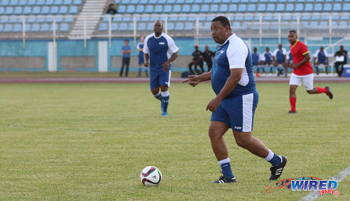 Photo: TTFA president David John-Williams weighs up his options during an exhibition match at the Ato Boldon Stadium, Couva on 10 April 2017. (Courtesy Sean Morrison/Wired868)