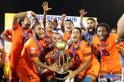 Photo: Cibao FC players celebrate with the Caribbean Club Championship trophy after defeating San Juan Jabloteh 1-0 in the final on 21 May 2017 at the Hasely Crawford Stadium. (Courtesy Allan V Crane/Wired868)